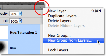 The New Group from Layers option in the Layers panel menu. Image © 2011 Photoshop Essentials.com