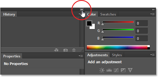 Clicking the icon to collapse the second panel column. Image © 2013 Steve Patterson, Photoshop Essentials.com