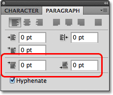 The paragraph spacing options in the Paragraph panel in Photoshop. Image © 2011 Photoshop Essentials.com