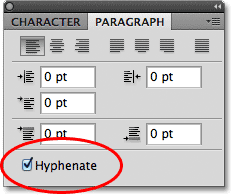 The Hyphenate option in the Paragraph panel in Photoshop. Image © 2011 Photoshop Essentials.com