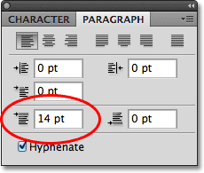 Increasing the Add Space Before Paragraph option to 14 pt. Image © 2011 Photoshop Essentials.com