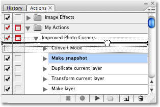 Dragging the 'Make snapshot' step above the 'Convert Mode' step in the Actions palette in Photoshop. Image copyright © 2008 Photoshop Essentials.com