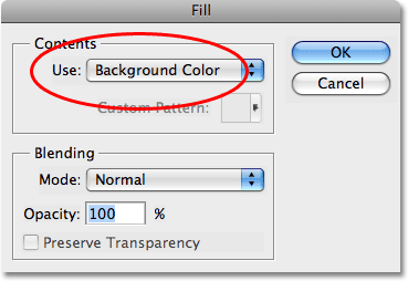 The Fill command in Photoshop set to use the background color. Image copyright © 2008 Photoshop Essentials.com