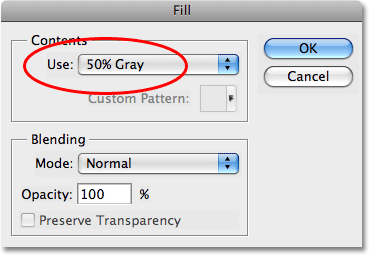 The Fill command dialog box in Photoshop. Image copyright © 2008 Photoshop Essentials.com