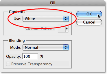 Selecting white from the drop-down box in the Fill dialog box in Photoshop. Image copyright © 2008 Photoshop Essentials.com