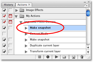 The 'Make snapshot' step is now the first step in the action. Image copyright © 2008 Photoshop Essentials.com