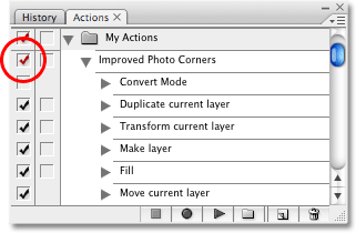 The checkmark to the left of the action's name turns every step in the action on or off at once. Image copyright © 2008 Photoshop Essentials.com