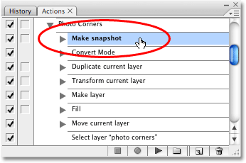Clicking on the 'Make snapshot' step in the Actions palette to select it. Image copyright © 2008 Photoshop Essentials.com