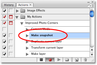A new 'Make snapshot' step now appears in the Actions palette in Photoshop. Image copyright © 2008 Photoshop Essentials.com