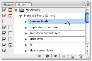 Selecting the first step in the Improved Photo Corners action. Image copyright © 2008 Photoshop Essentials.com