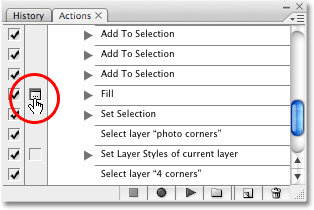 Toggling the dialog box on for the second Fill step in the Improved Photo Corners action in Photoshop. Image copyright © 2008 Photoshop Essentials.com
