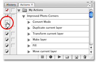 Clicking on the checkmark to the left of the 'Convert Mode' step to temporarily turn it off. Image copyright © 2008 Photoshop Essentials.com