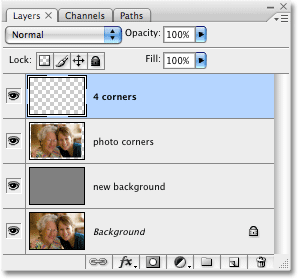 A new layer named '4 corners' appears at the top of the Layers palette. Image copyright © 2008 Photoshop Essentials.com