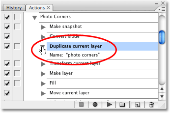 Viewing the details of the 'Duplicate current layer' step in the Actions palette. Image copyright © 2008 Photoshop Essentials.com