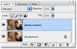 A copy of the Background layer named 'photo corners' now appears in the Layers palette. Image copyright © 2008 Photoshop Essentials.com