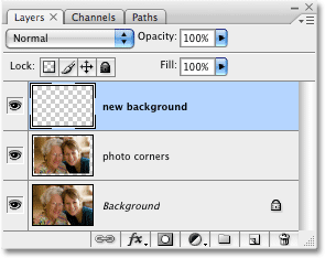 The Layers palette in Photoshop showing the new blank layer that was created and named 'new background'. Image copyright © 2008 Photoshop Essentials.com
