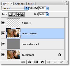 The 'photo corners' layer is now selected in the Layers palette. Image copyright © 2008 Photoshop Essentials.com