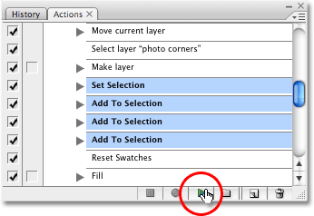 Clicking on the Play icon at the bottom of the Actions palette in Photoshop. Image copyright © 2008 Photoshop Essentials.com