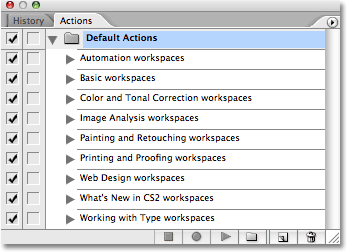 The actions inside the Default Actions folder in Photoshop CS2. Image copyright © 2008 Photoshop Essentials.com