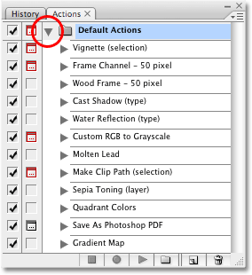 The actions inside the Default Actions folder in Photoshop CS3. Image copyright © 2008 Photoshop Essentials.com