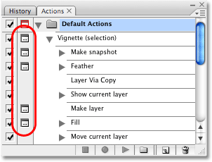 All dialog boxes for the Vignette action are now turned on, and the main toggle icon appears gray. Image copyright © 2008 Photoshop Essentials.com