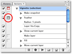 The dialog box toggle icon appears to the left of the Feather step in the Actions palette in Photoshop. Image copyright © 2008 Photoshop Essentials.com