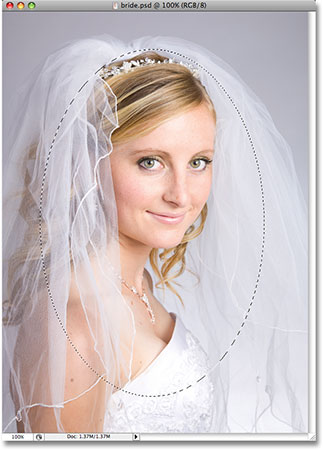 The photo of the bride after drawing a selection with the Elliptical Marquee Tool. Image copyright © 2008 Photoshop Essentials.com