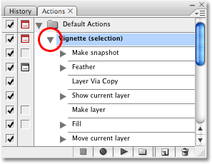 The individual steps for the Vignette action are now visible. Image copyright © 2008 Photoshop Essentials.com