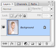 The Layers palette in Photoshop showing the original image on the Background layer. Image copyright © 2008 Photoshop Essentials.com