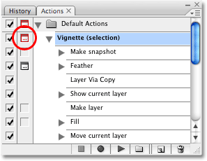 The dialog box to the left of the action's name currently appears red. Image copyright © 2008 Photoshop Essentials.com