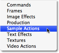 Choosing 'Sample Actions' from the list of additional actions in Photoshop CS2. Image copyright © 2008 Photoshop Essentials.com
