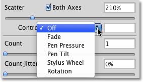 The Control option in the Scattering section of the Brushes panel in Photoshop. Image © 2010 Photoshop Essentials.com