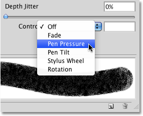 The dynamic depth control options in the Texture dynamics section of the Brushes panel in Photoshop. Image © 2010 Photoshop Essentials.com