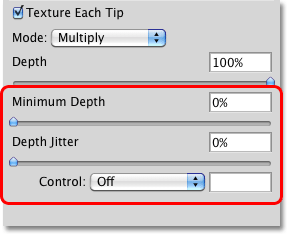 The Minimum Depth, Depth Jitter and Control options in the Texture section of the Brushes panel in Photoshop. Image © 2010 Photoshop Essentials.com
