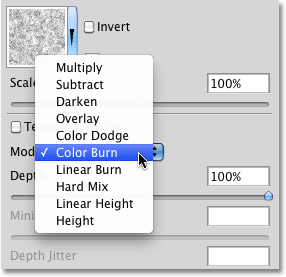The brush modes available in the Texture section of the Brushes panel in Photoshop. Image © 2010 Photoshop Essentials.com