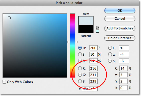 Choosing a light blue from the Color Picker in Photoshop. Image © 2011 Photoshop Essentials.com