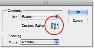 The Custom Pattern option in the Fill dialog box. Image © 2011 Photoshop Essentials.com
