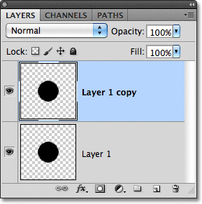 A copy of Layer 1 appears in the Layers panel in Photoshop. Image © 2011 Photoshop Essentials.com