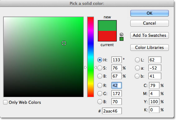 Choosing a color from the Color Picker for the Solid Color fill layer. Image © 2011 Photoshop Essentials.com