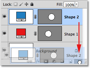 Dragging the shape layer onto the Trash Bin to delete it. Image © 2011 Photoshop Essentials.com