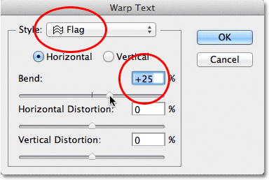 Changing the text warp style from Arc to Flag. Image © 2011 Photoshop Essentials.com
