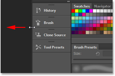 Resizing the secondary panel column in Photoshop CS6. Image © 2013 Steve Patterson, Photoshop Essentials.com