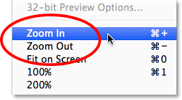The Zoom In and Zoom Out options under the View menu. Image © 2014 Steve Patterson, Photoshop Essentials.com