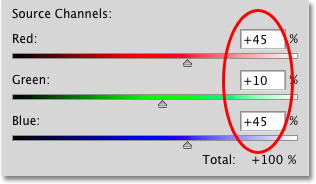 The final Channel Mixer values. Image © 2010 Photoshop Essentials.com