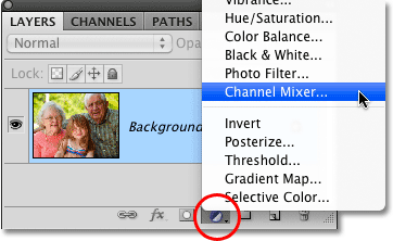 Selecting a Channel Mixer adjustment layer in Photoshop. Image © 2010 Photoshop Essentials.com