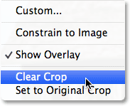 The Clear Crop option for the Crop Tool in Camera Raw. Image © 2013 Steve Patterson, Photoshop Essentials.com