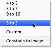 The custom aspect ratio is now an option in the Crop Tool menu. Image © 2013 Steve Patterson, Photoshop Essentials.com