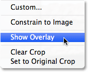 Choosing the Show Overlay option in Camera Raw 8. Image © 2013 Steve Patterson, Photoshop Essentials.com