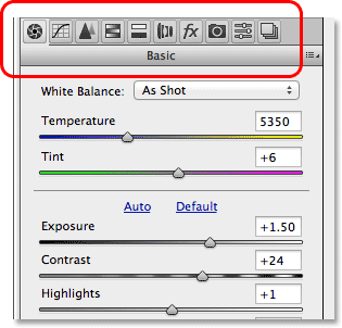 The panels and panel tabs in Camera Raw. Image © 2013 Photoshop Essentials.com