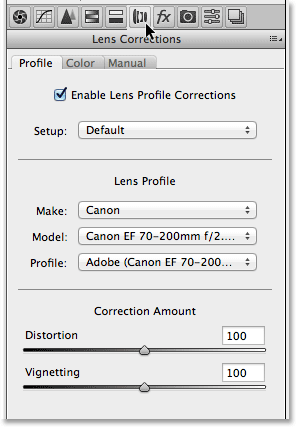 The Lens Correction panel in Camera Raw. Image © 2013 Photoshop Essentials.com